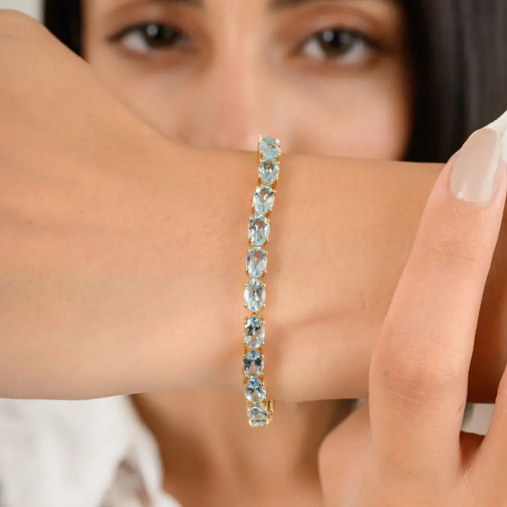 High Quality Oval Cut Aquamarine Tennis Bracelet in 18k Solid Yellow Gold