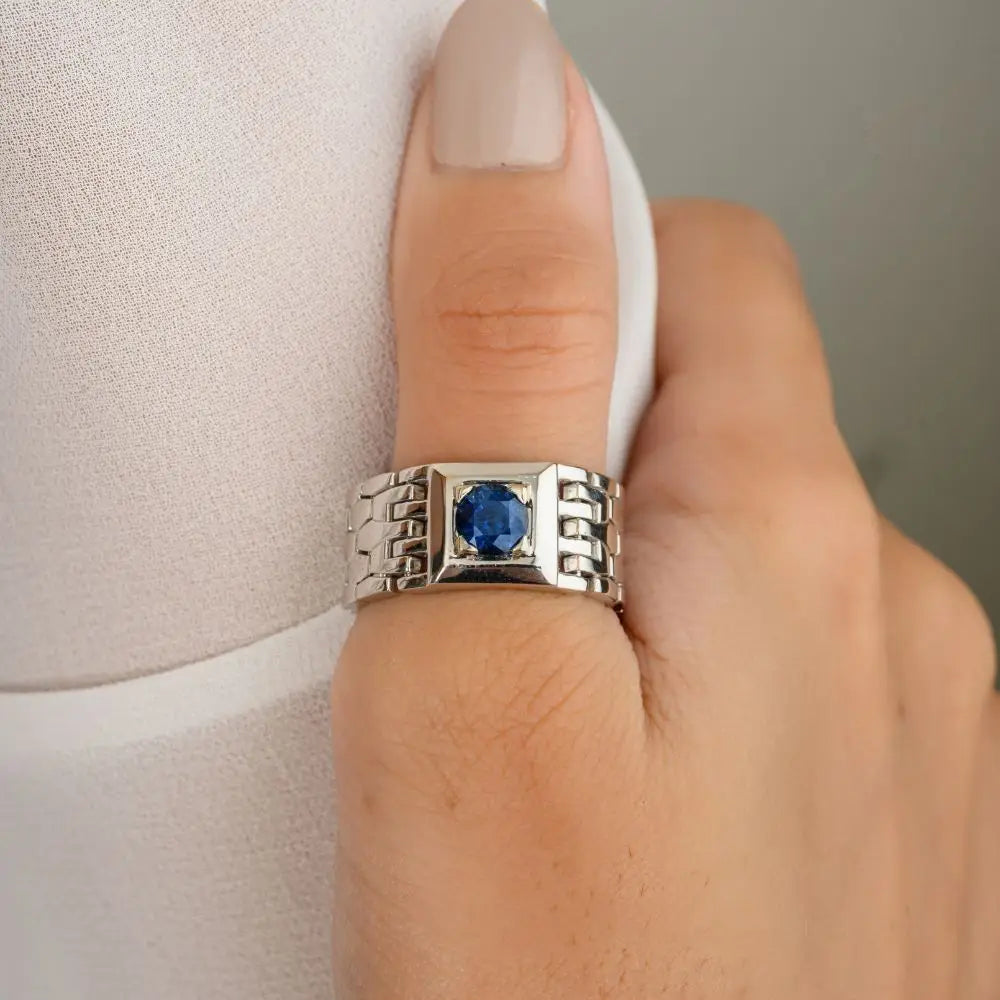 Blue Sapphire & 18k Solid White Gold Everyday Flexible Chain Men's Ring