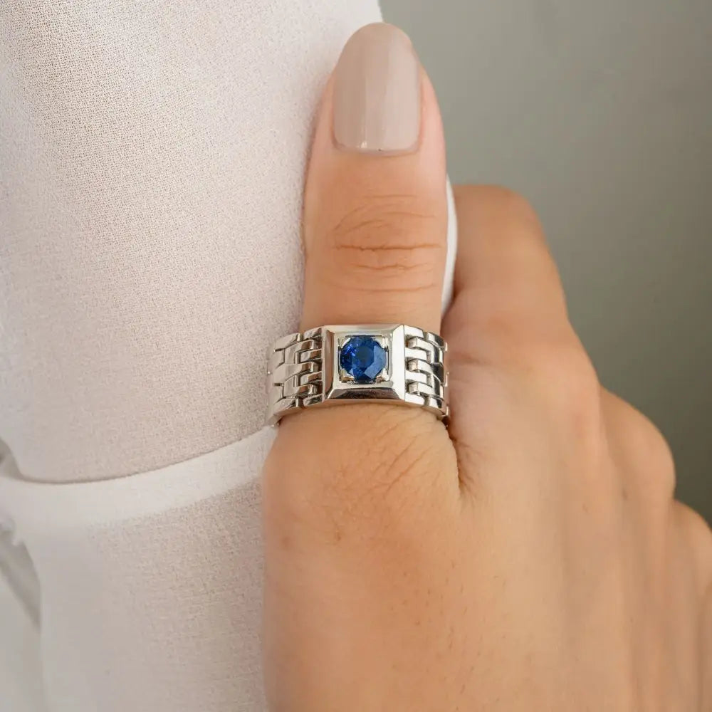 Blue Sapphire & 18k Solid White Gold Everyday Flexible Chain Men's Ring