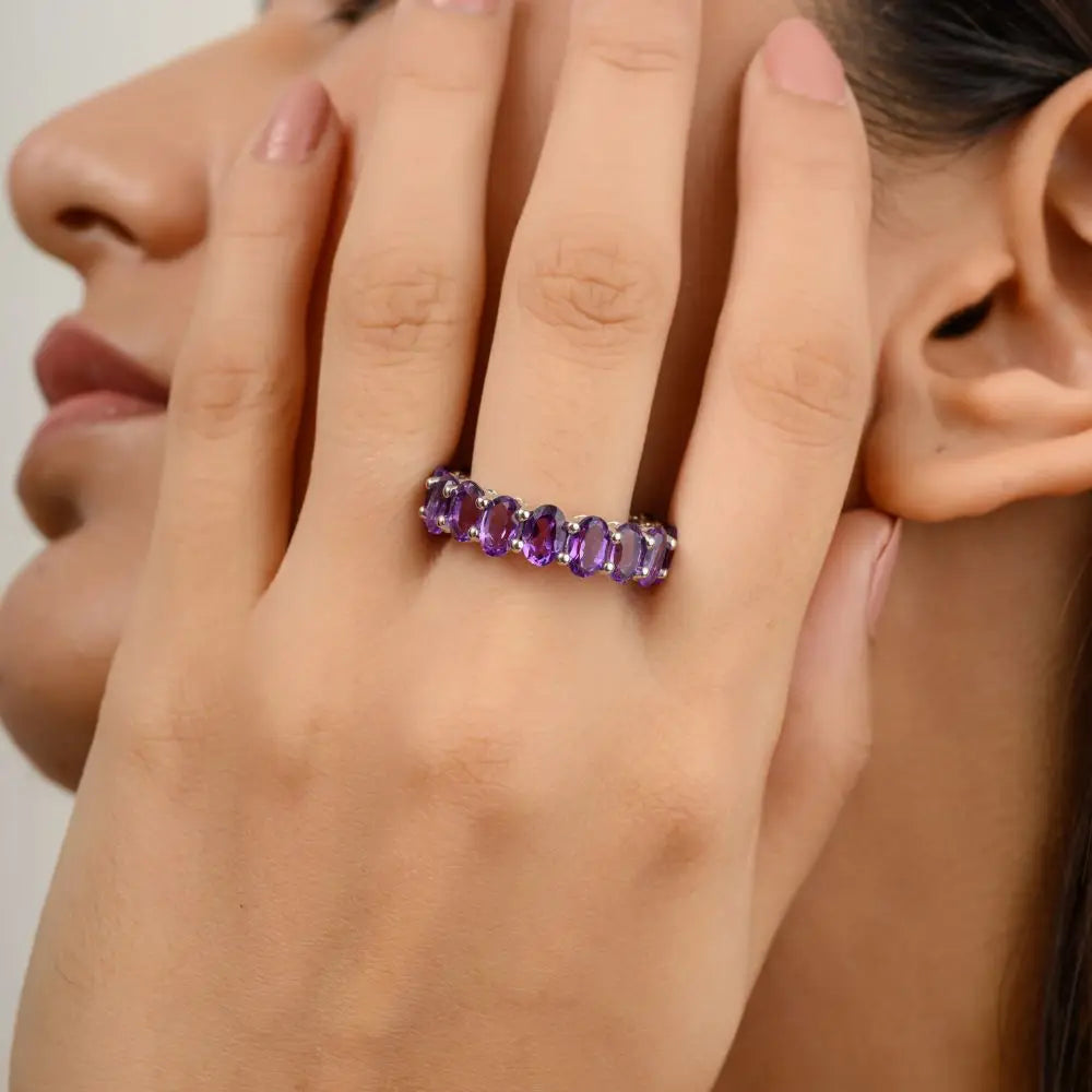 Handmade 14k Solid White Gold Oval Cut Amethyst Full Eternity Band Ring