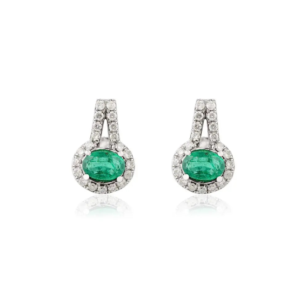 Natural Emerald & Diamond Stud Earrings in 14k Solid White Gold