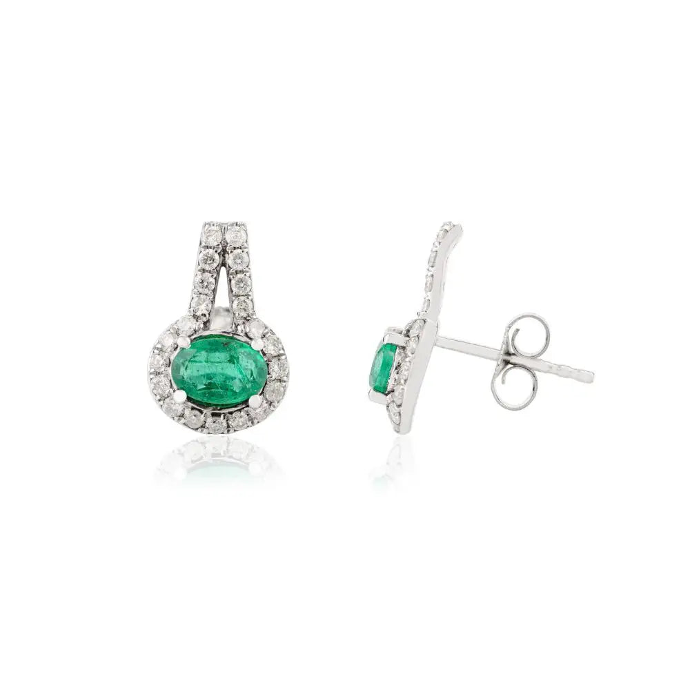 Natural Emerald & Diamond Stud Earrings in 14k Solid White Gold