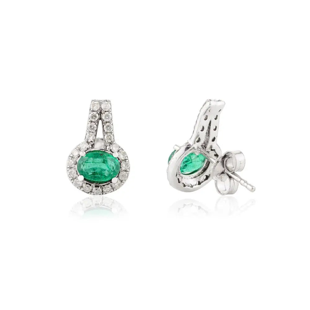 Natural Emerald & Diamond Stud Earrings in 14k Solid White Gold