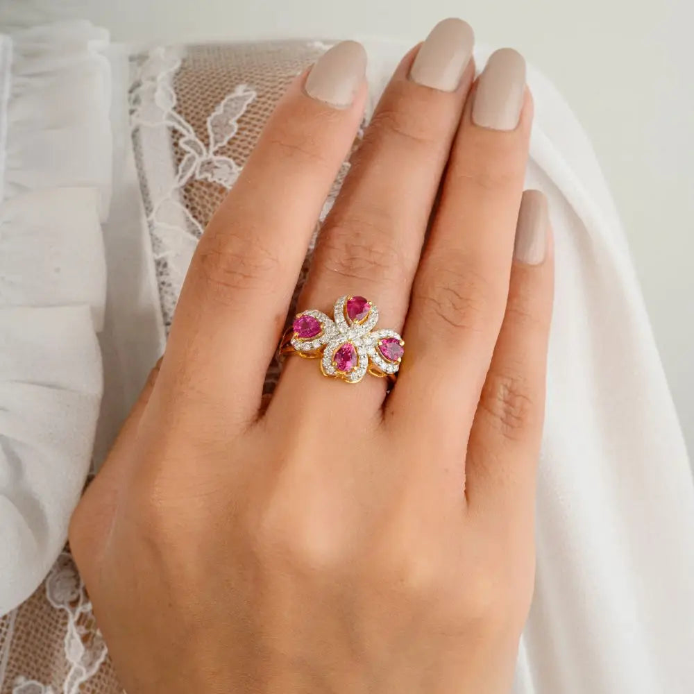 Natural Pear Cut Ruby and Diamond Cluster Ring in 18k Solid Yellow Gold