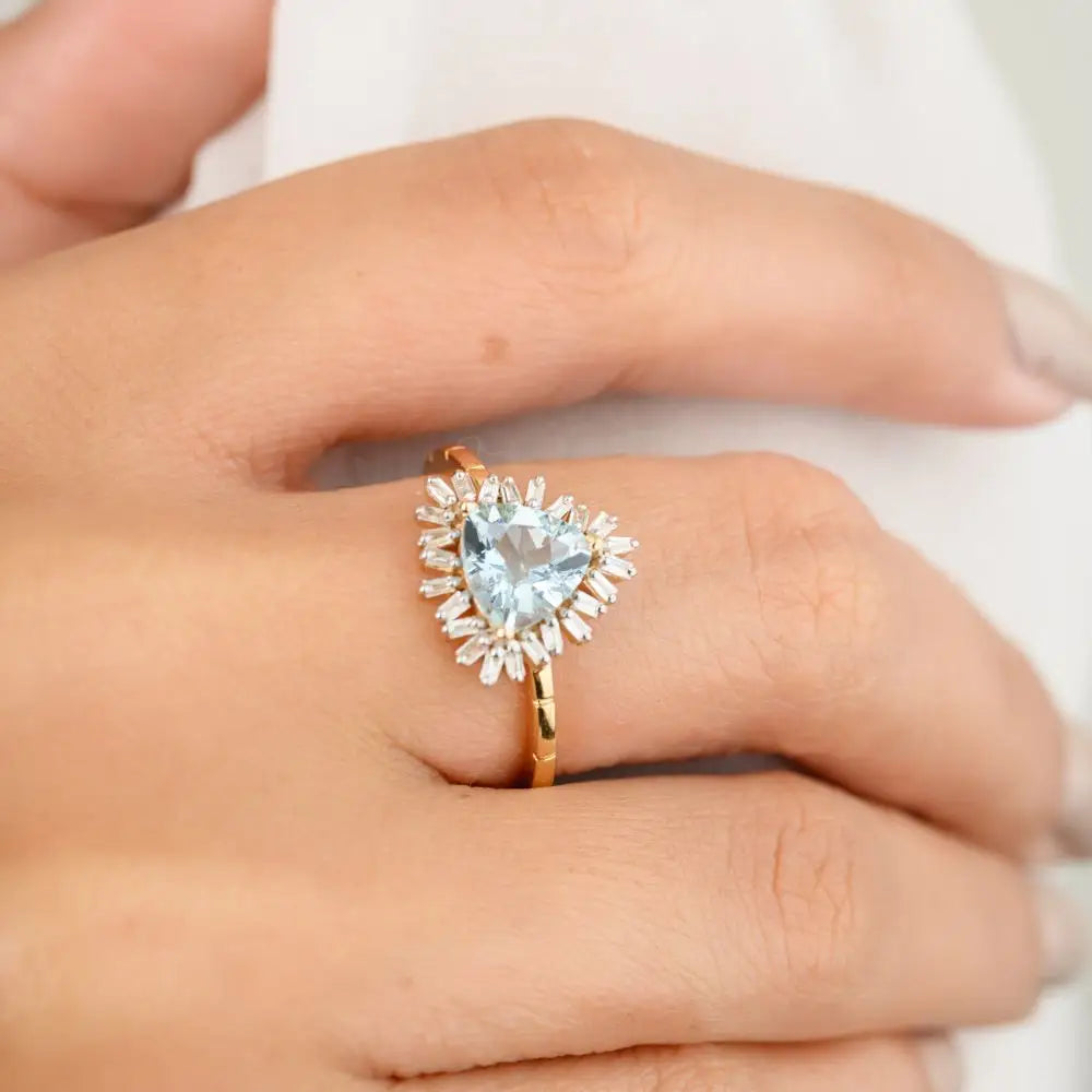 Handmade 18k Yellow Gold Trillion Cut Aquamarine & Diamond Engagement Ring