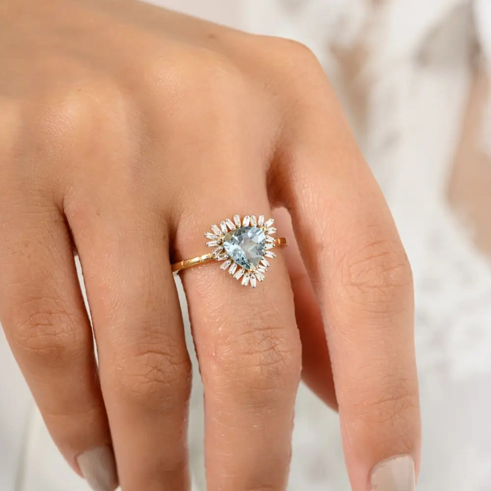 Handmade 18k Yellow Gold Trillion Cut Aquamarine & Diamond Engagement Ring