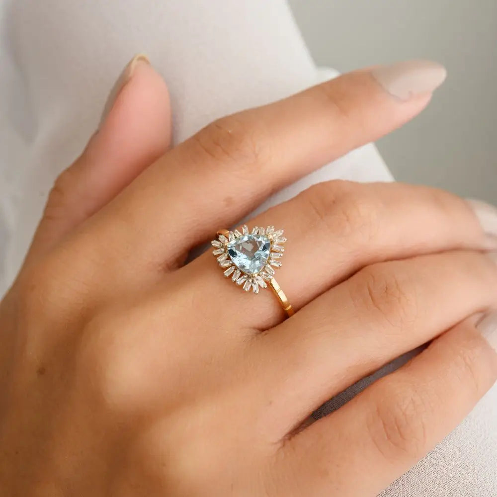 Handmade 18k Yellow Gold Trillion Cut Aquamarine & Diamond Engagement Ring