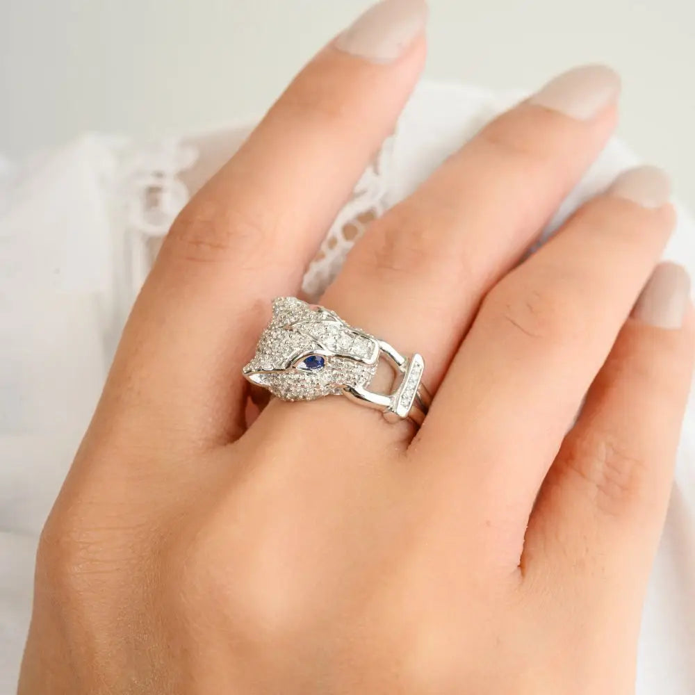 Statement Natural Blue Sapphire & Diamond Panther Cocktail Ring