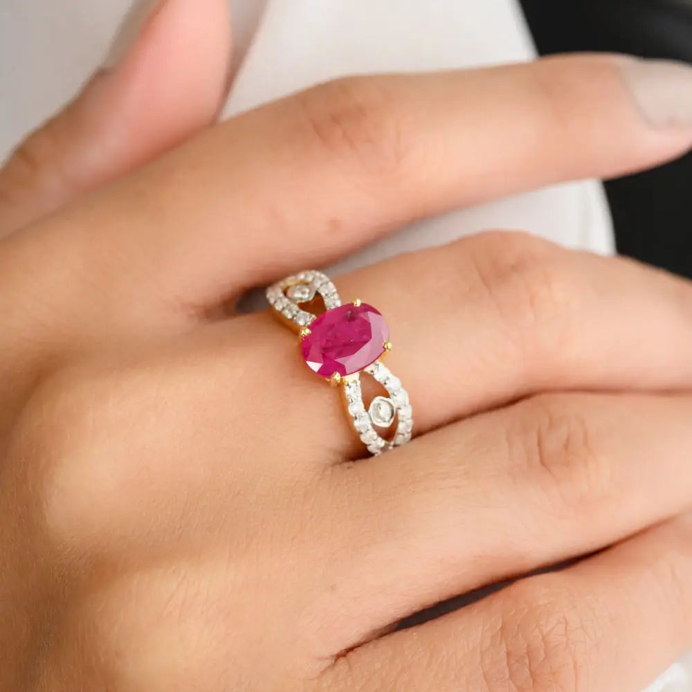 Beautiful Ruby & Diamond Wedding Ring For Her in 14k Solid Yellow Gold