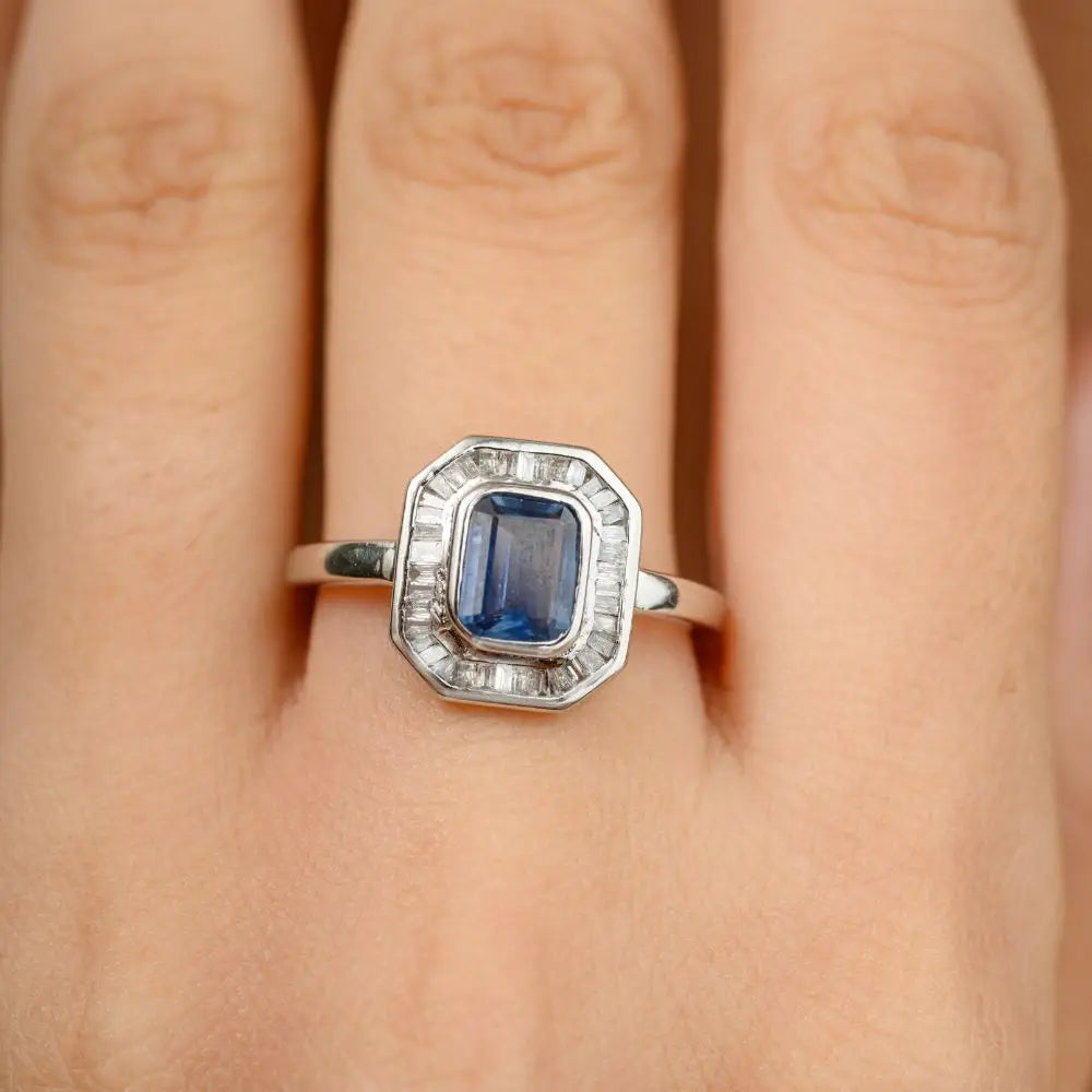 Natural Blue Sapphire & Diamond Engagement Ring in 18k Solid White Gold