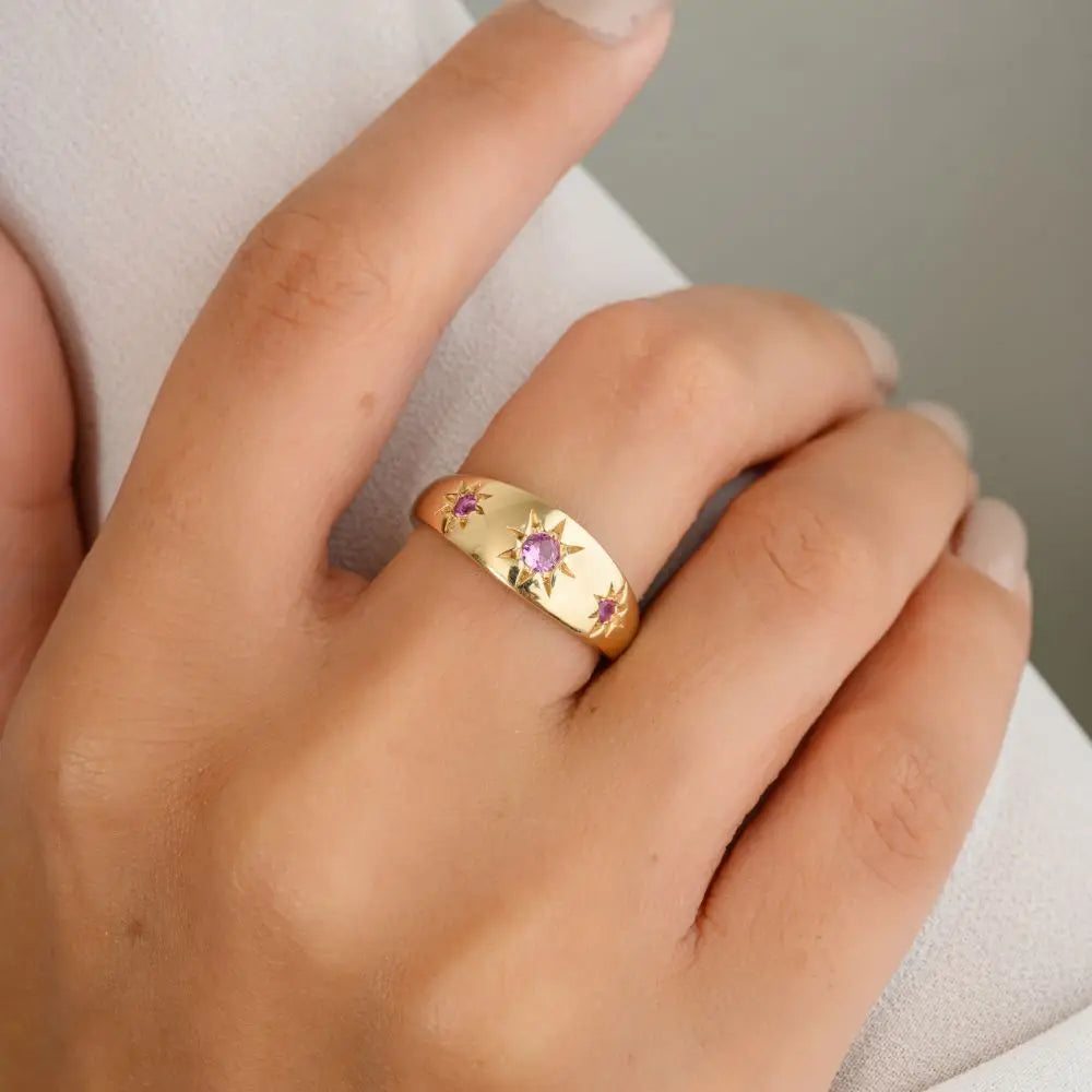 Unique Design 100% Natural Pink Sapphire & 14k Solid Yellow Gold Dome Ring