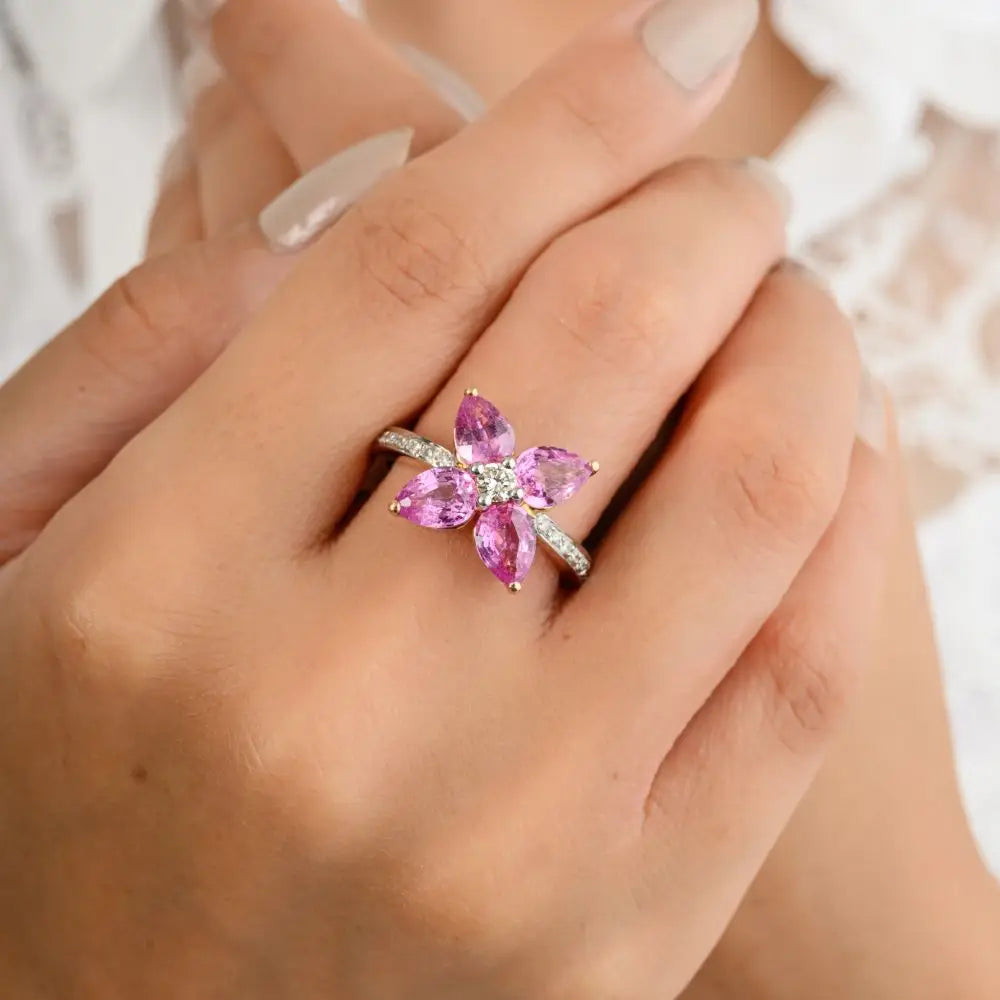 Buy Floral Ring in Natural Pink Sapphire & Diamond With 14k Rose Gold
