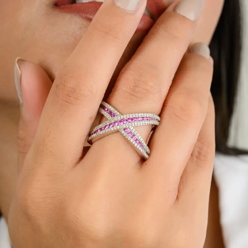 Unique Design Natural Pink Sapphire & Diamond Criss Cross X Ring in 14k White Gold