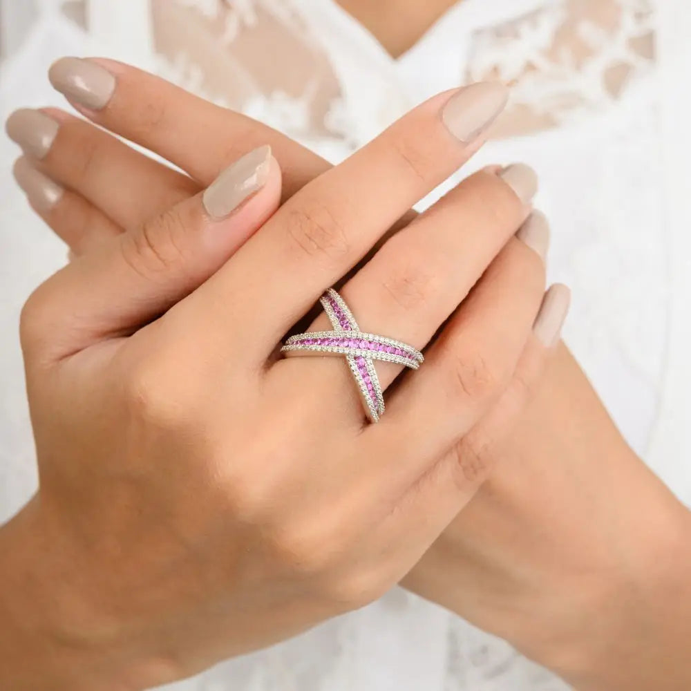 Unique Design Natural Pink Sapphire & Diamond Criss Cross X Ring in 14k White Gold