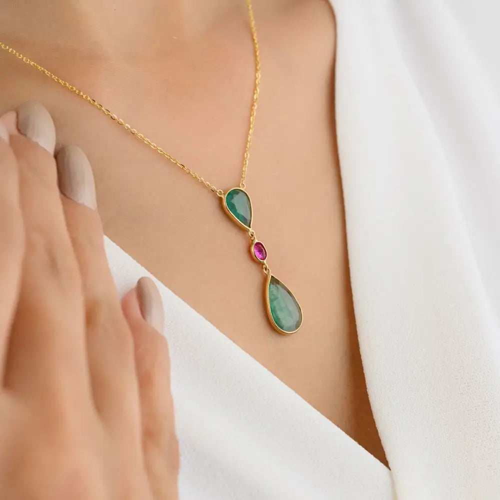 Trending Natural Emerald, Ruby Drop Chain Necklace in 18K Yellow Gold
