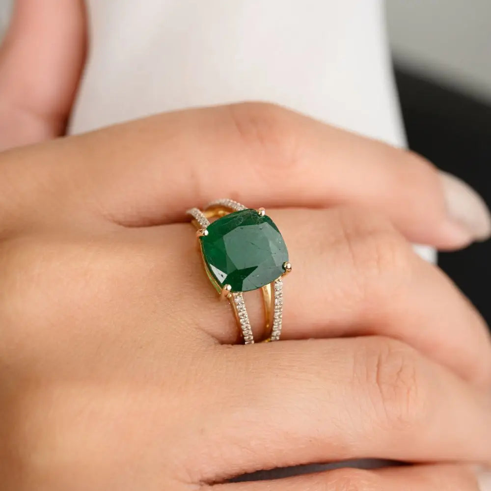 Natural Cushion Cut Natural Emerald & Diamond Engagement Ring