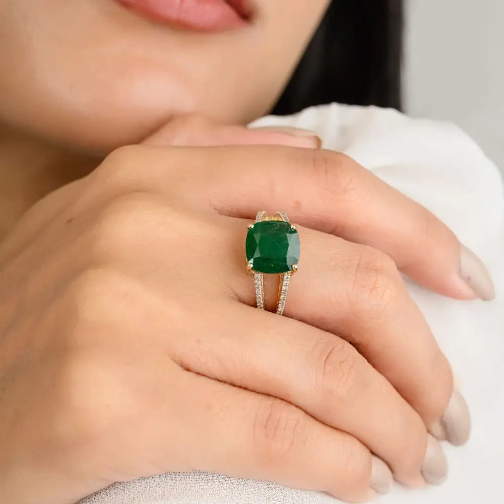 Natural Cushion Cut Natural Emerald & Diamond Engagement Ring