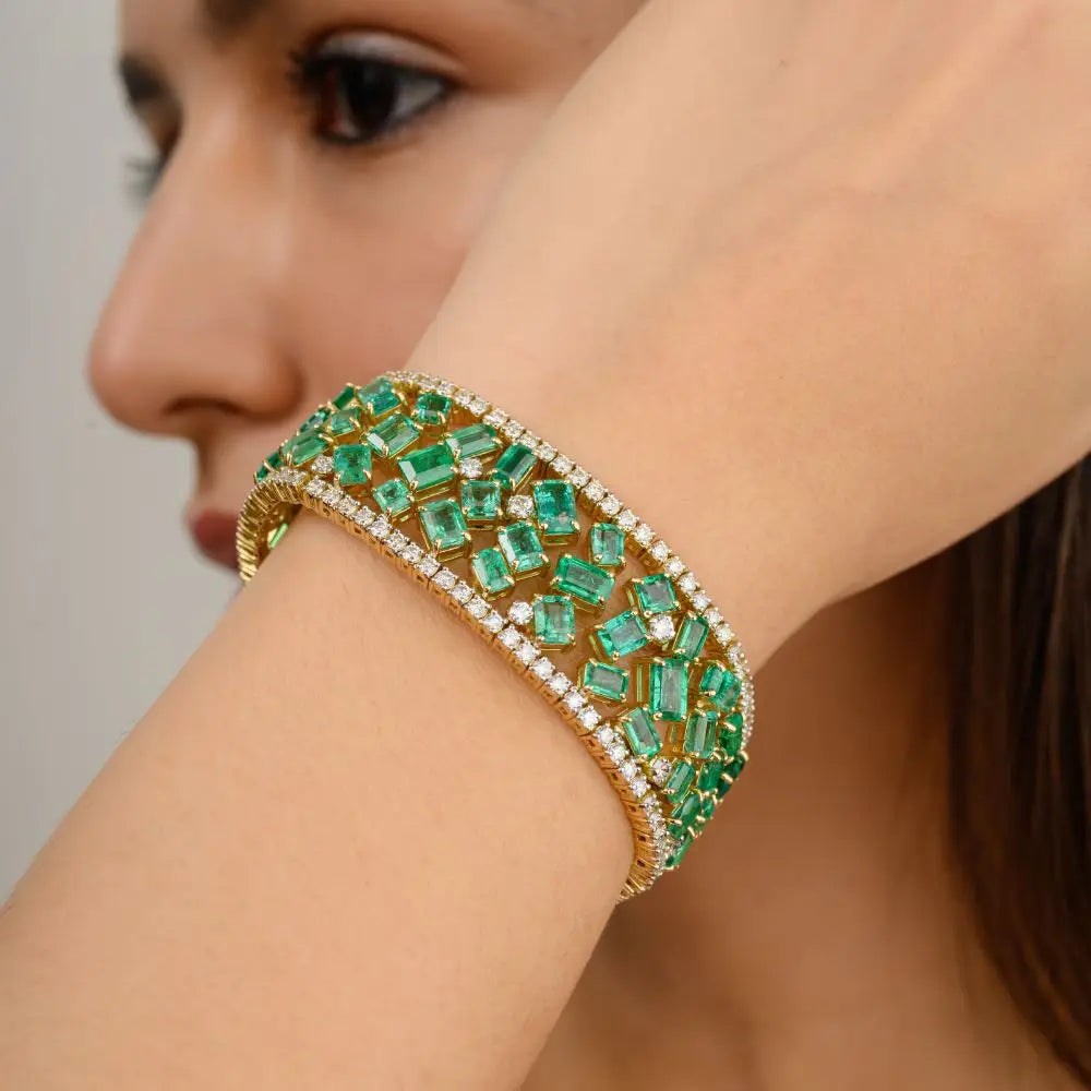 Beautifully Designed Natural Emerald and Diamond Wide Cocktail Bracelet