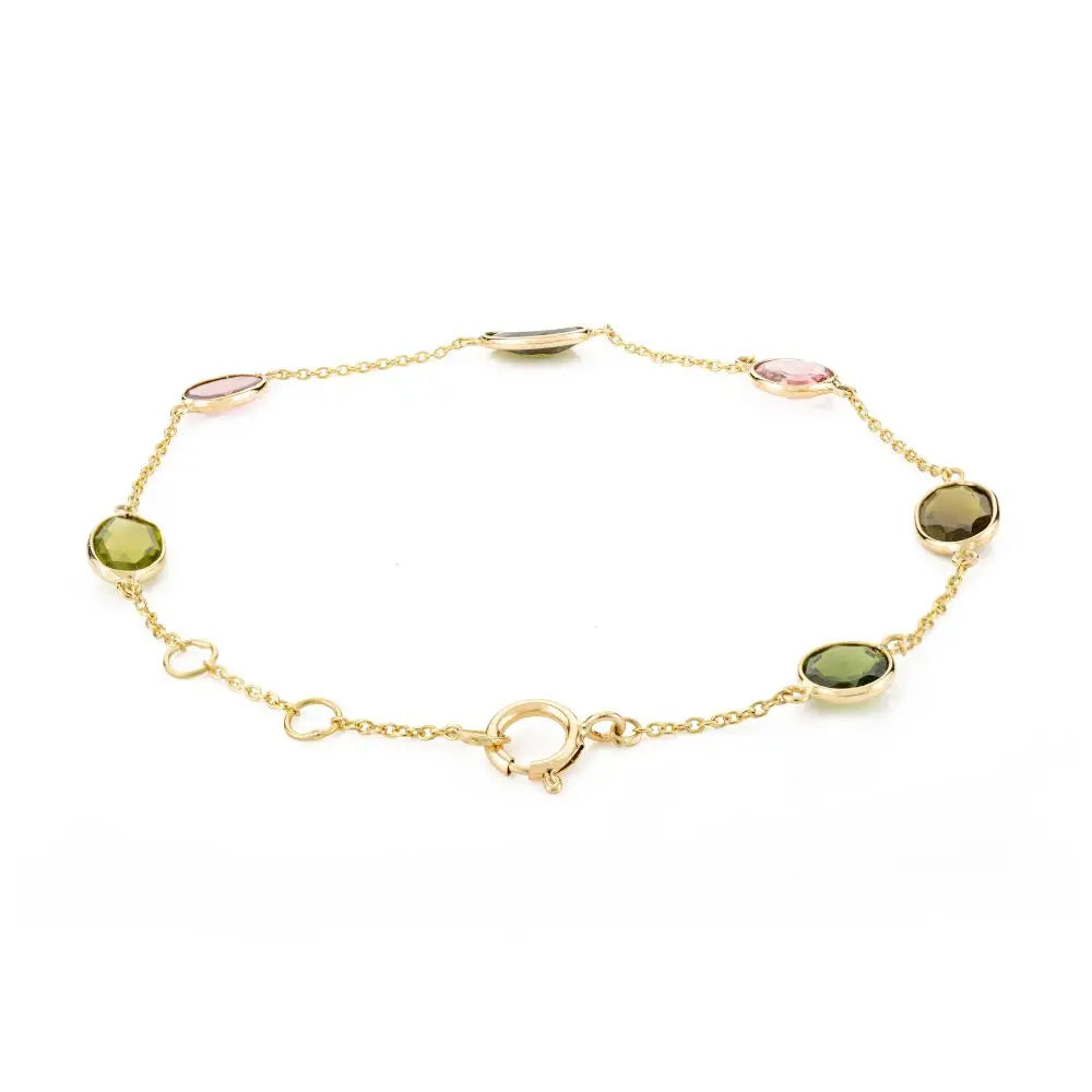 18k Solid Yellow Gold With Natural Tourmaline Everyday Chain Bracelet