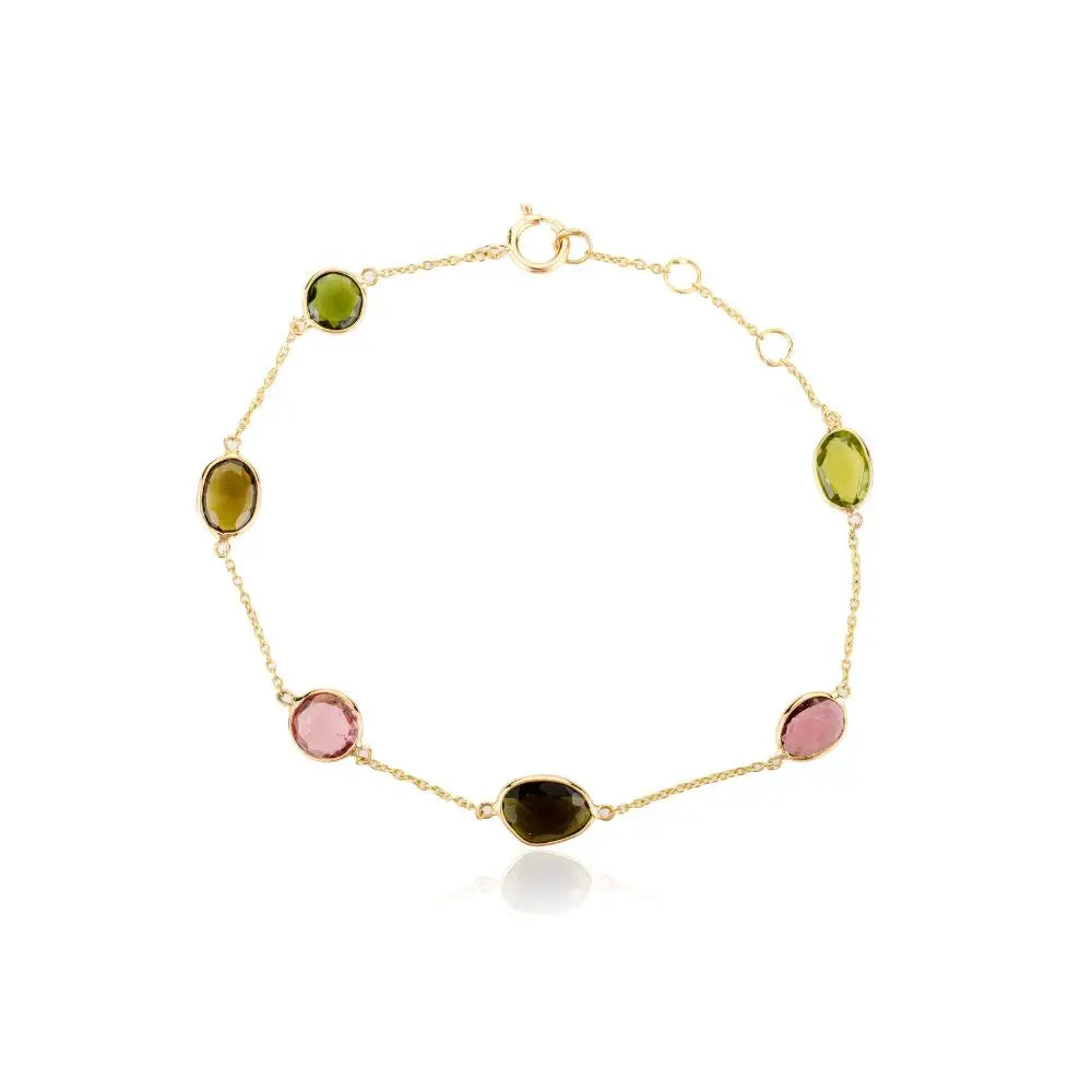 18k Solid Yellow Gold With Natural Tourmaline Everyday Chain Bracelet