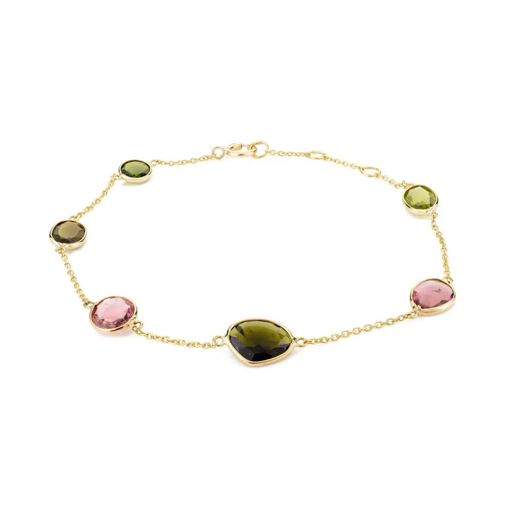 18k Solid Yellow Gold With Natural Tourmaline Everyday Chain Bracelet