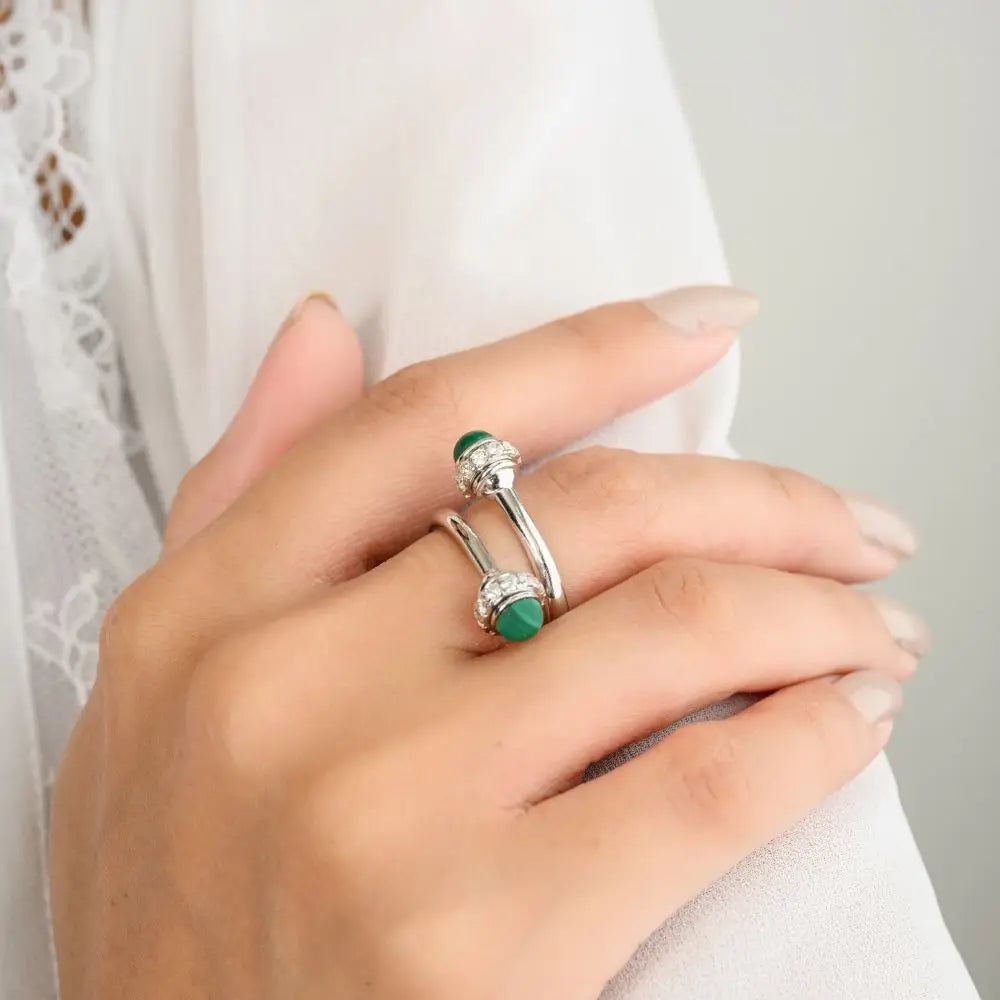 100% Authentic Real 18k White Gold With Natural Malachite & Diamond By Pass Ring