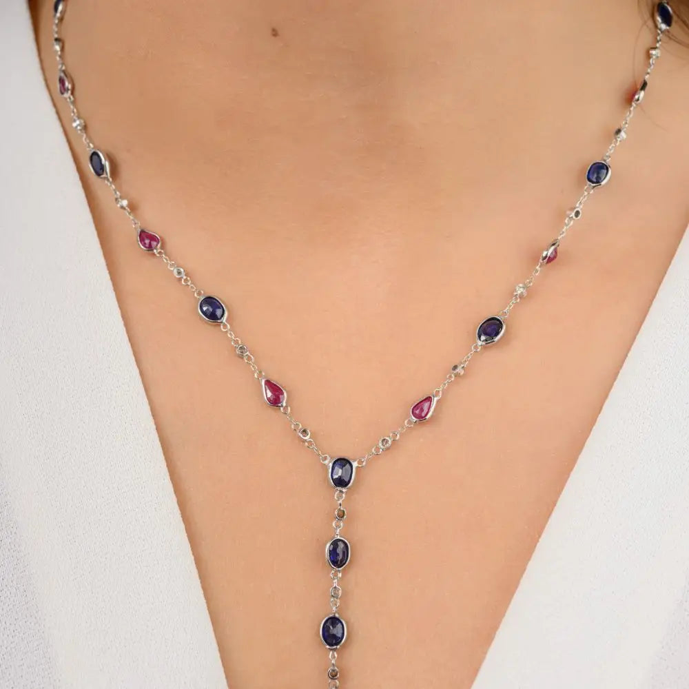 Modern Natural Multi Gemstone & Diamond Y Chain Necklace