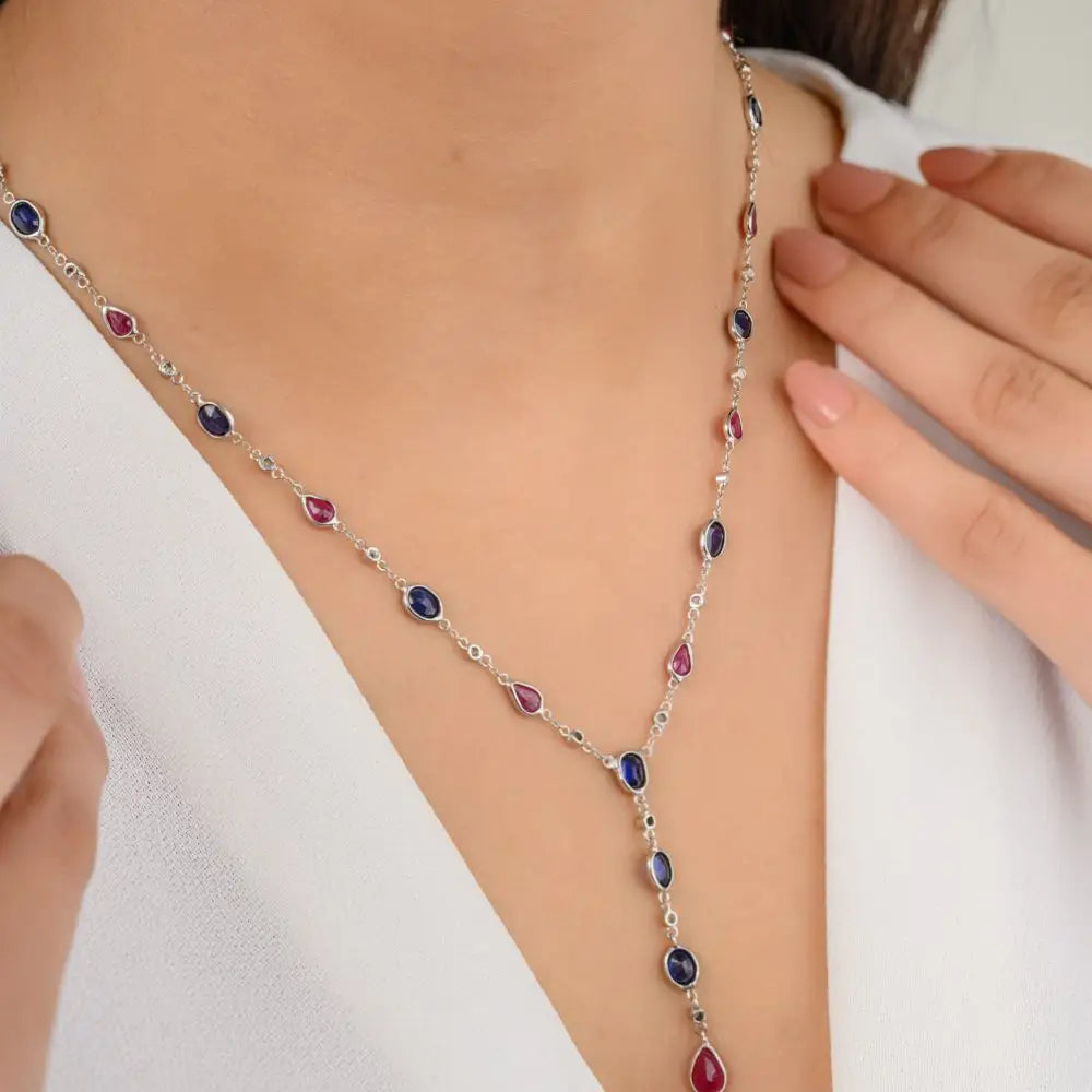 Modern Natural Multi Gemstone & Diamond Y Chain Necklace