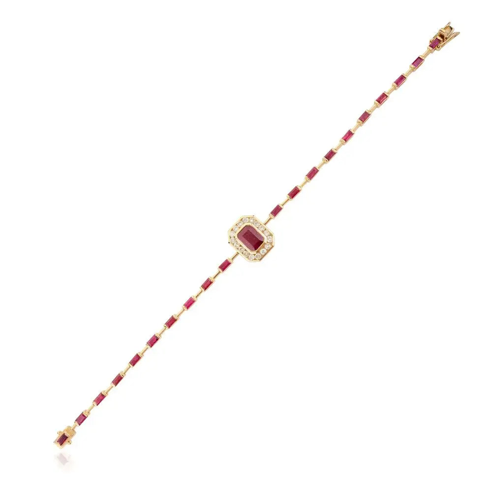 Natural Ruby and Diamond With 14k Solid Yellow Gold Wedding Bracelet for Women
