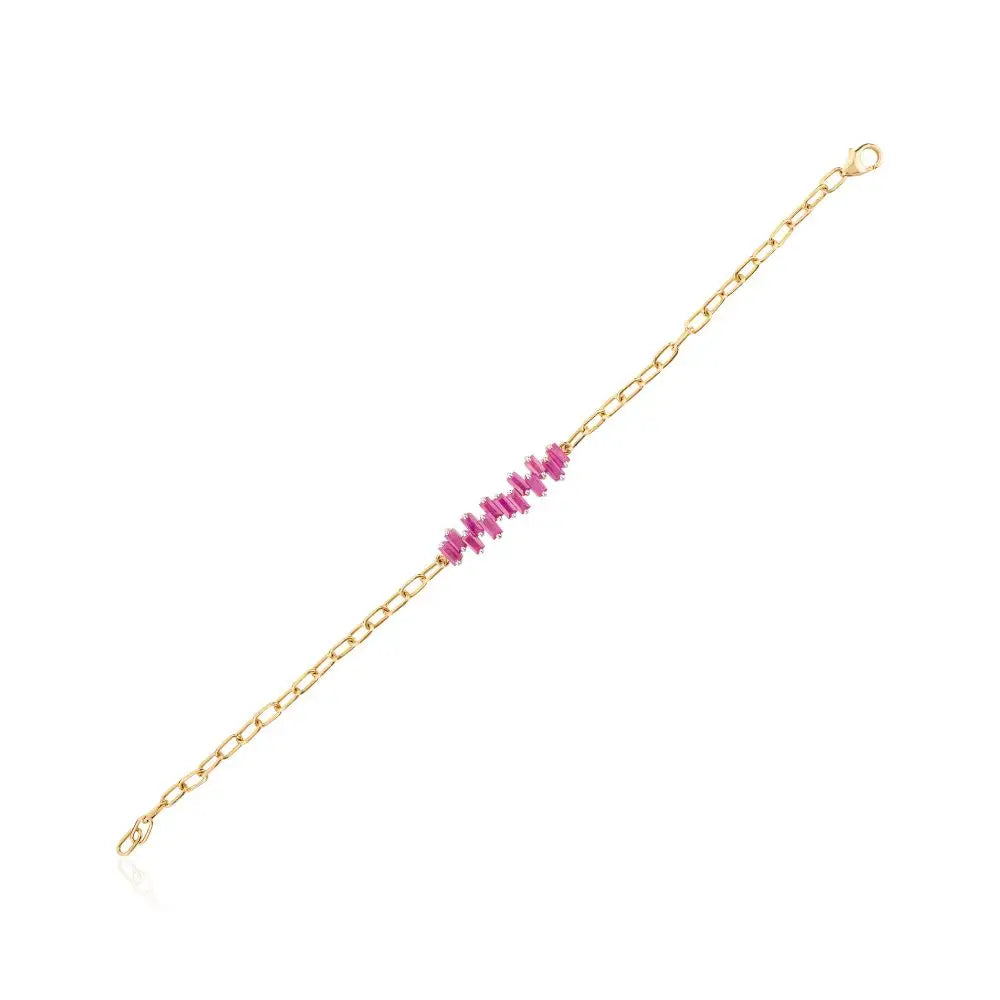 High Quality Natural Baguette Cut Ruby Charm Bracelet in 18k Solid Yellow Gold