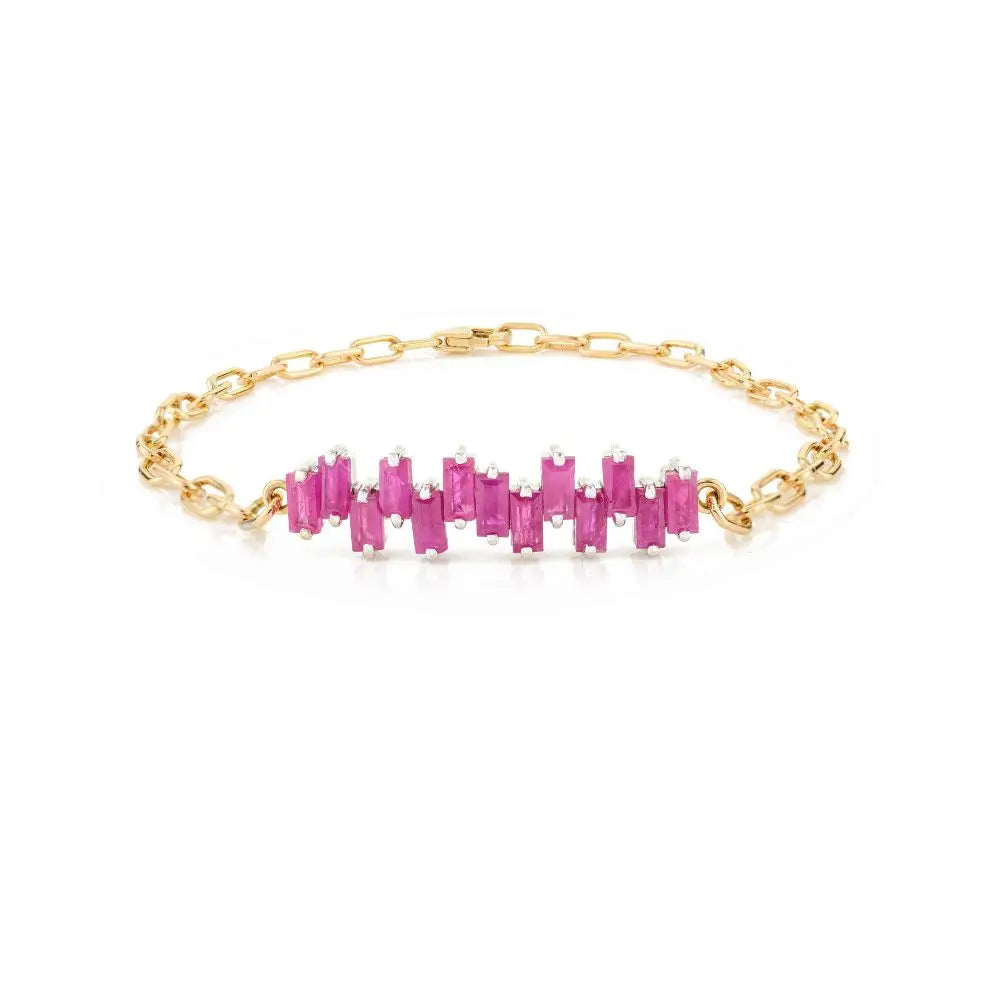 High Quality Natural Baguette Cut Ruby Charm Bracelet in 18k Solid Yellow Gold