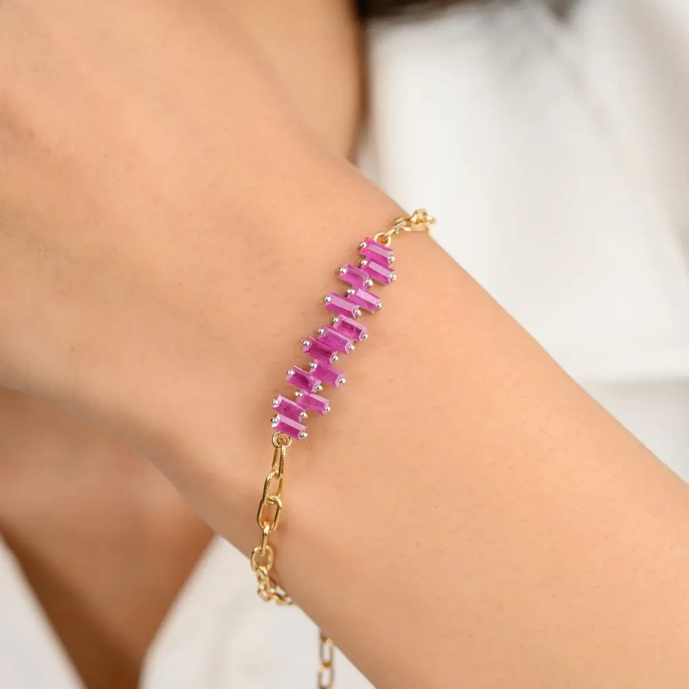High Quality Natural Baguette Cut Ruby Charm Bracelet in 18k Solid Yellow Gold