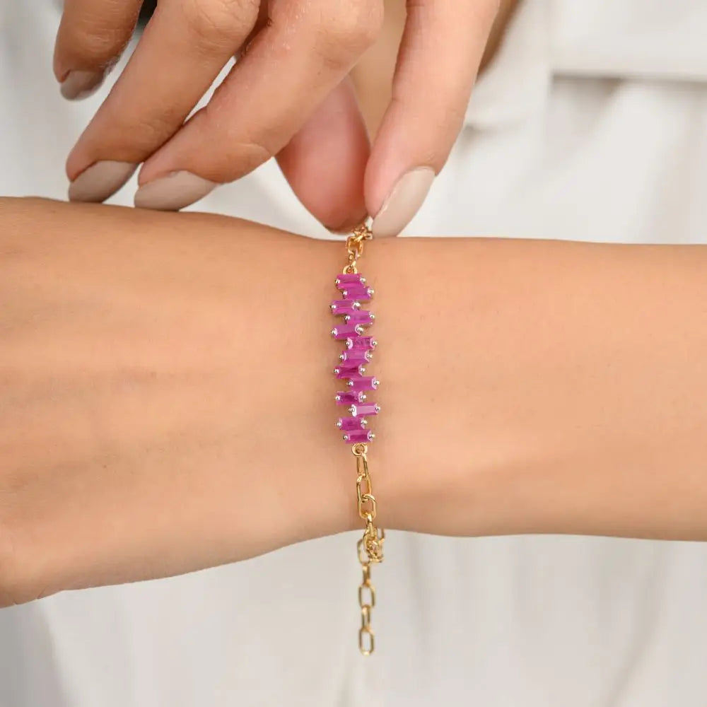 High Quality Natural Baguette Cut Ruby Charm Bracelet in 18k Solid Yellow Gold