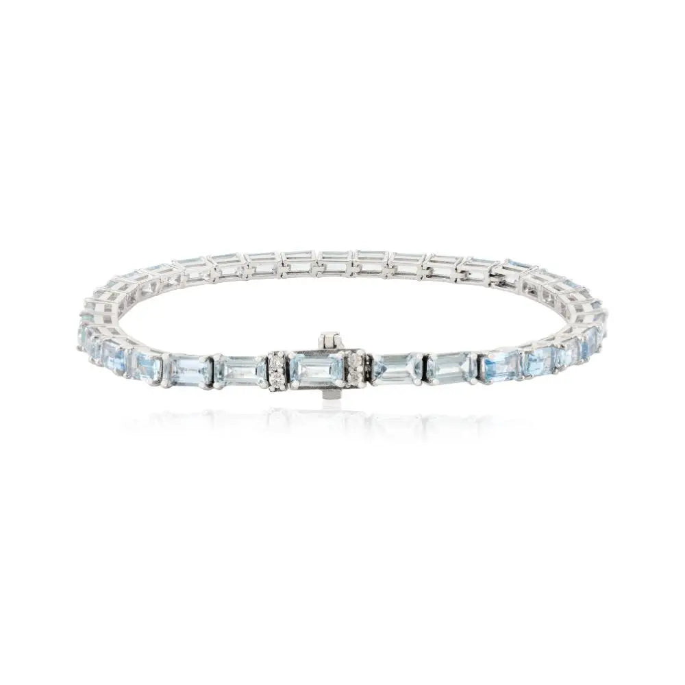 Latest Design Natural Aquamarine & Diamond With 18k White Gold Tennis Bracelet