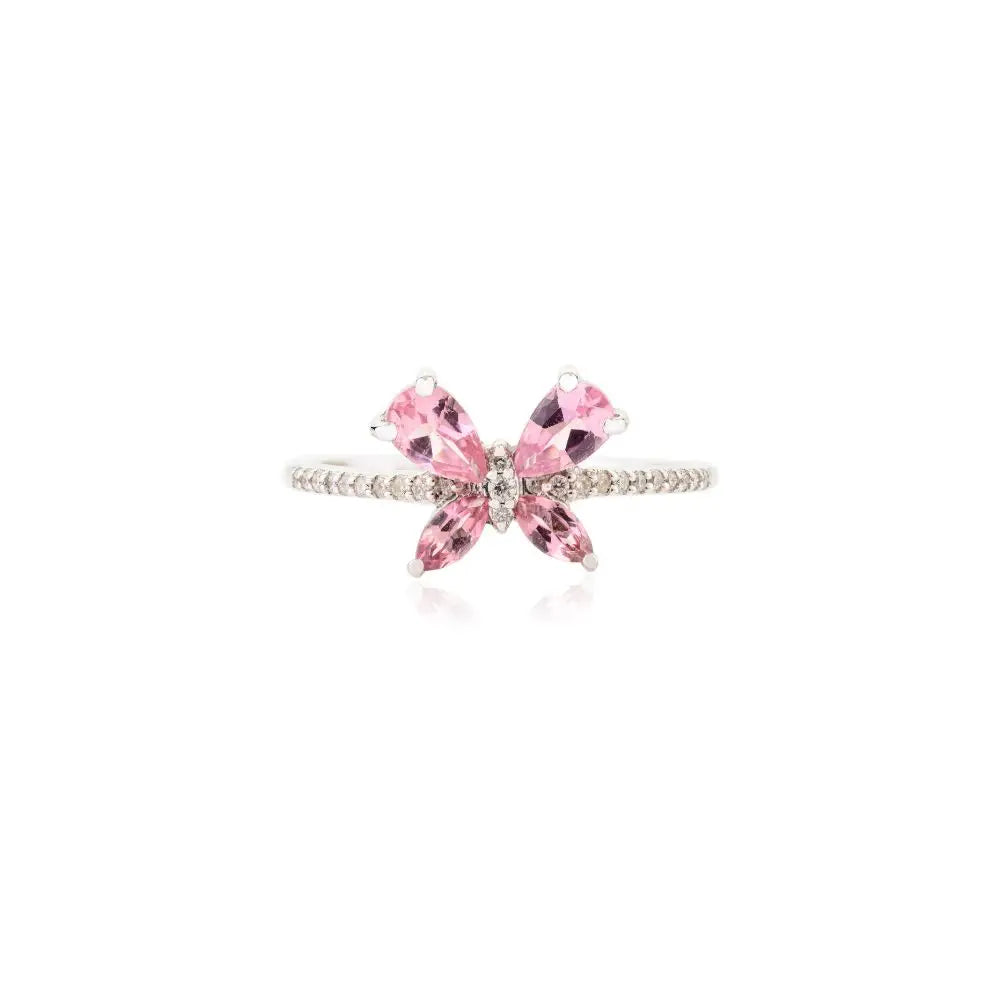 Classic Design Natural Tourmaline & Diamond Butterfly Promise Ring in 18k White Gold