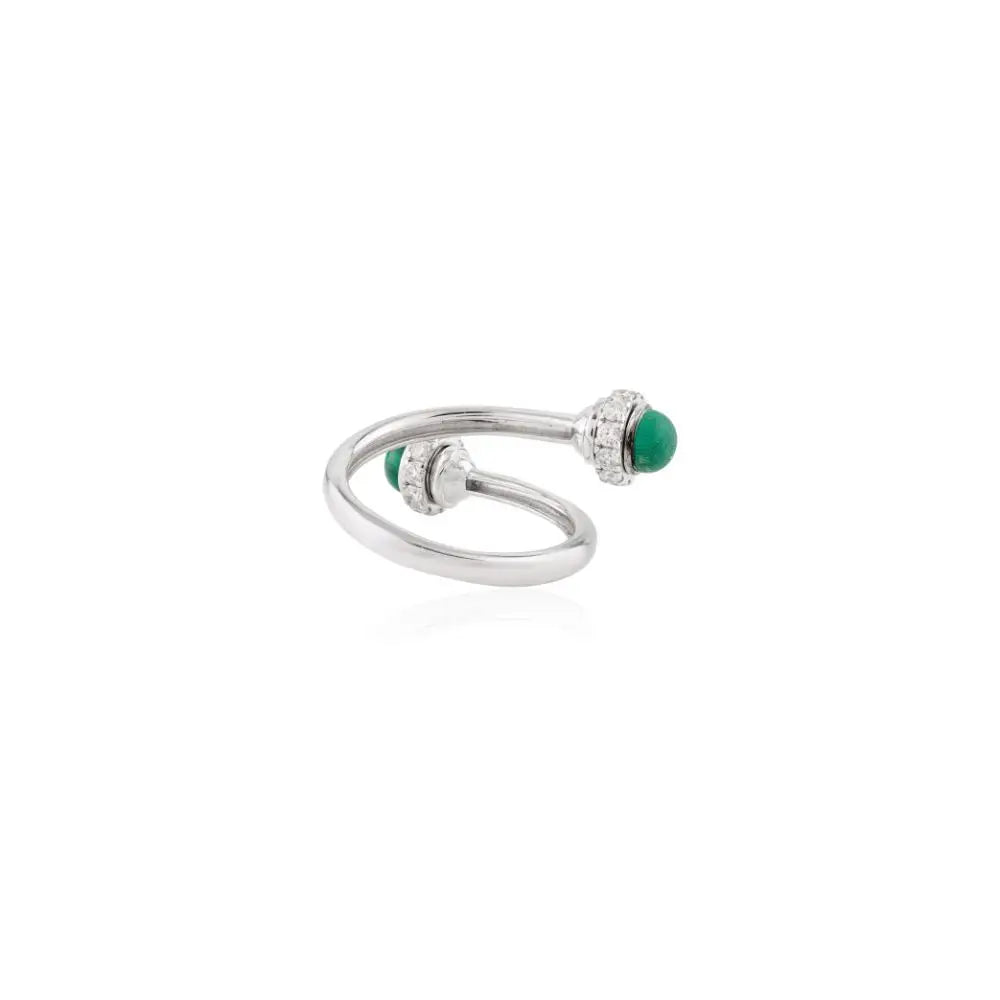 100% Authentic Real 18k White Gold With Natural Malachite & Diamond By Pass Ring