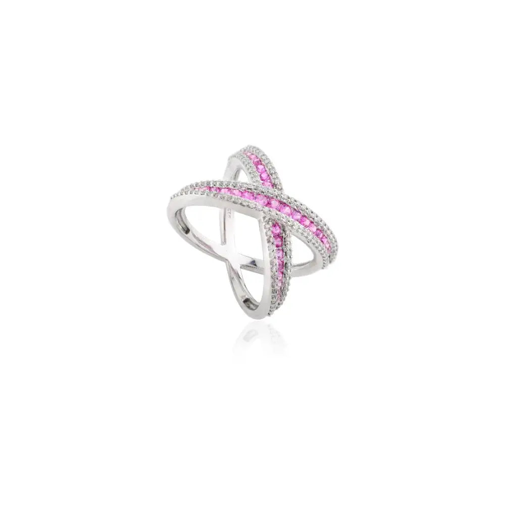 Unique Design Natural Pink Sapphire & Diamond Criss Cross X Ring in 14k White Gold
