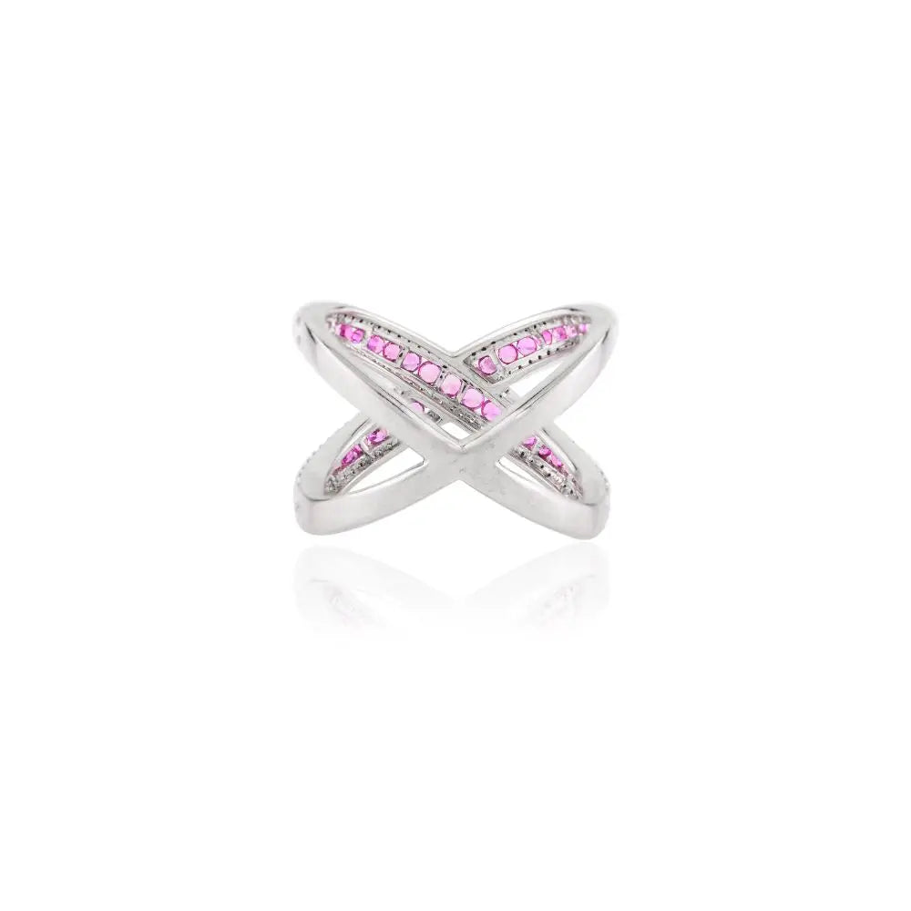 Unique Design Natural Pink Sapphire & Diamond Criss Cross X Ring in 14k White Gold