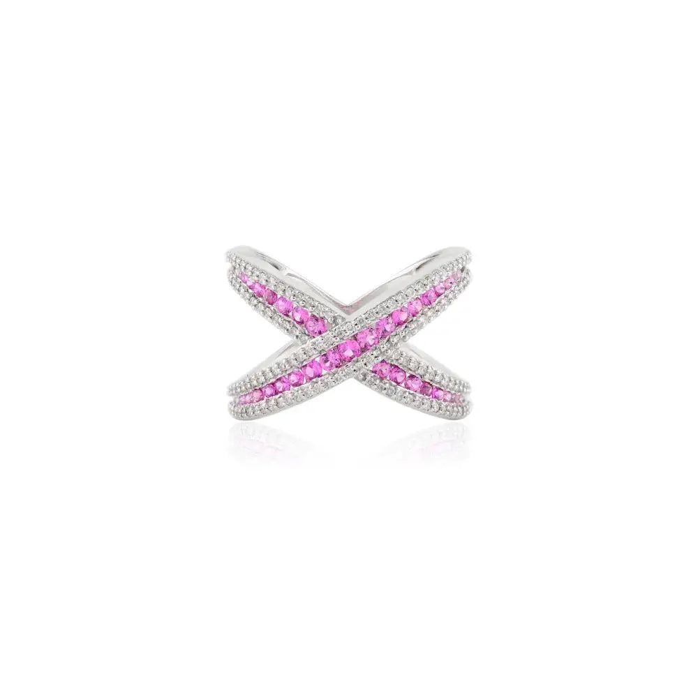 Unique Design Natural Pink Sapphire & Diamond Criss Cross X Ring in 14k White Gold