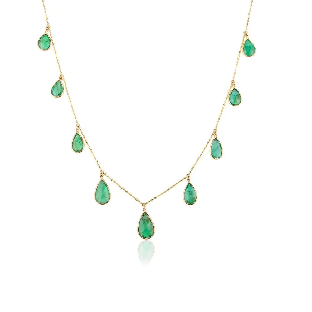 Natural Emerald Teardrop Chain Necklace in 18k Solid Yellow Gold