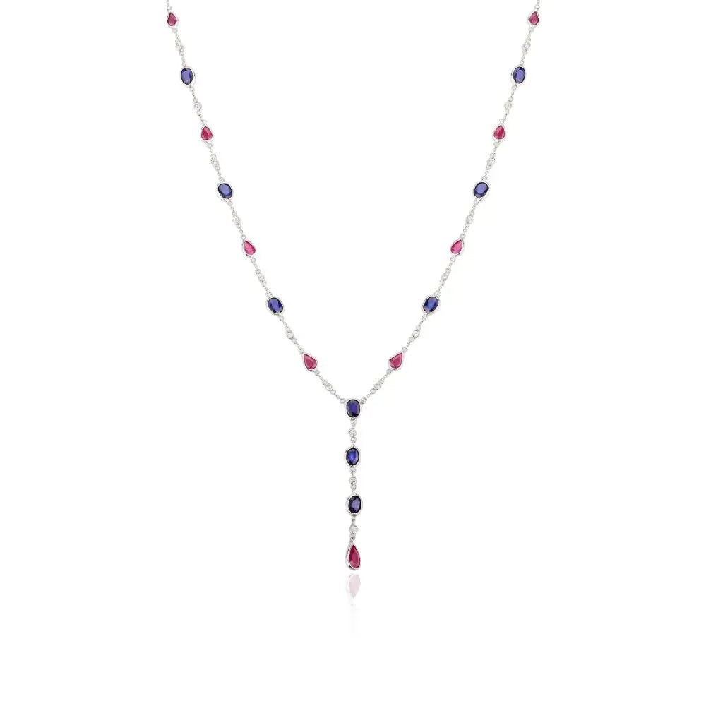 Modern Natural Multi Gemstone & Diamond Y Chain Necklace