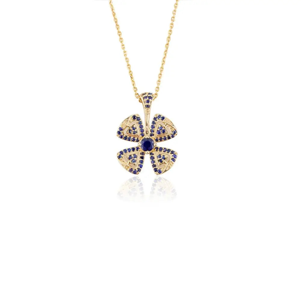 Natural Blue Sapphire Flower Necklace in 14k Solid Yellow Gold