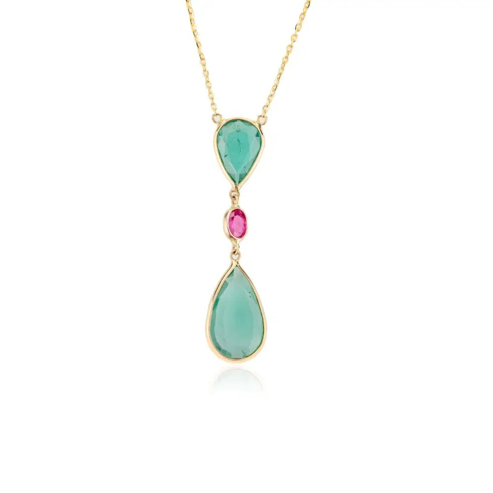 Trending Natural Emerald, Ruby Drop Chain Necklace in 18K Yellow Gold