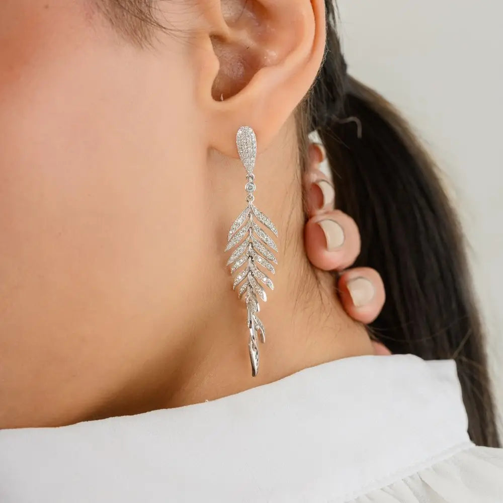 100% Authentic Real Diamond Feather Dangle Drop Earrings 18k White Gold