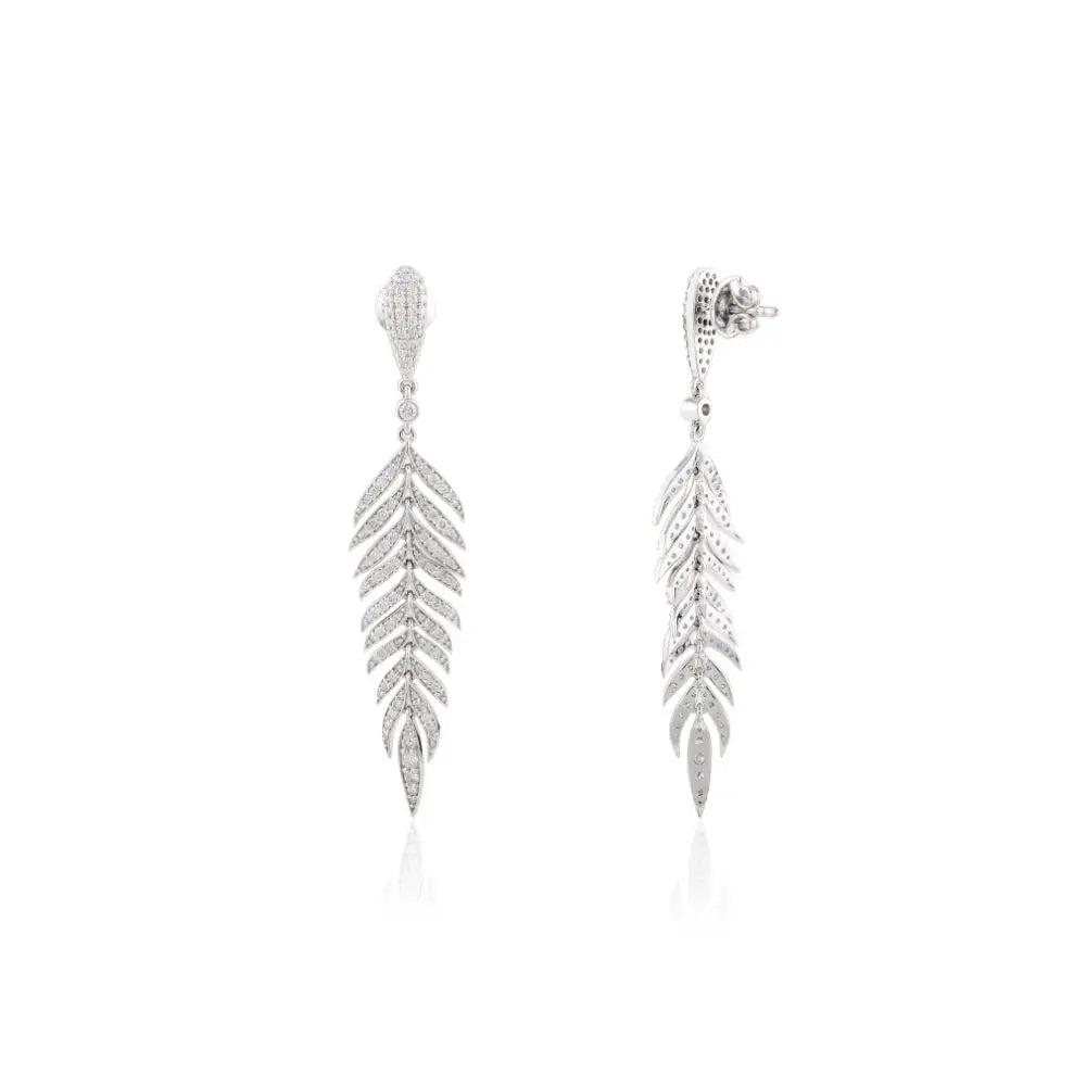 100% Authentic Real Diamond Feather Dangle Drop Earrings 18k White Gold