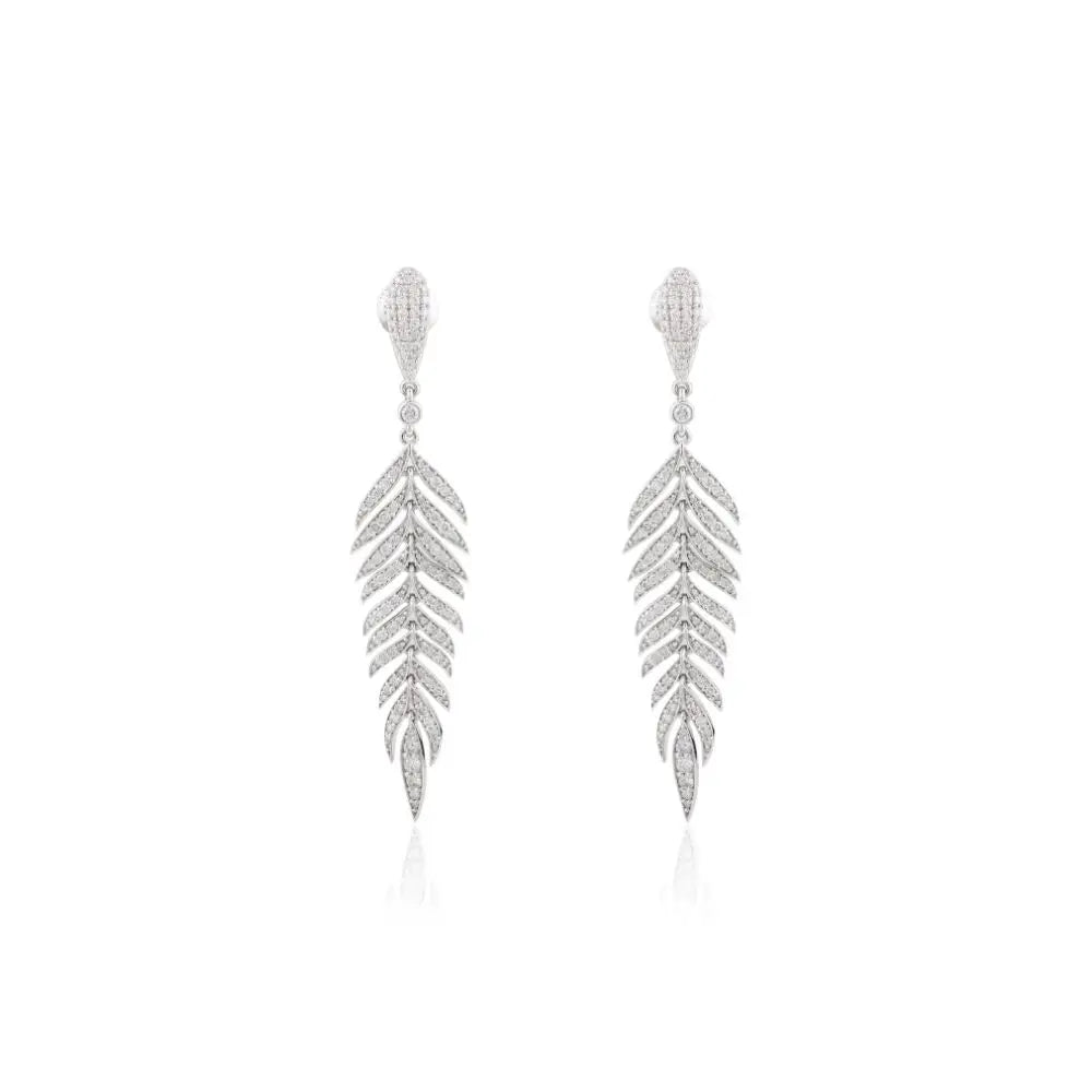 100% Authentic Real Diamond Feather Dangle Drop Earrings 18k White Gold