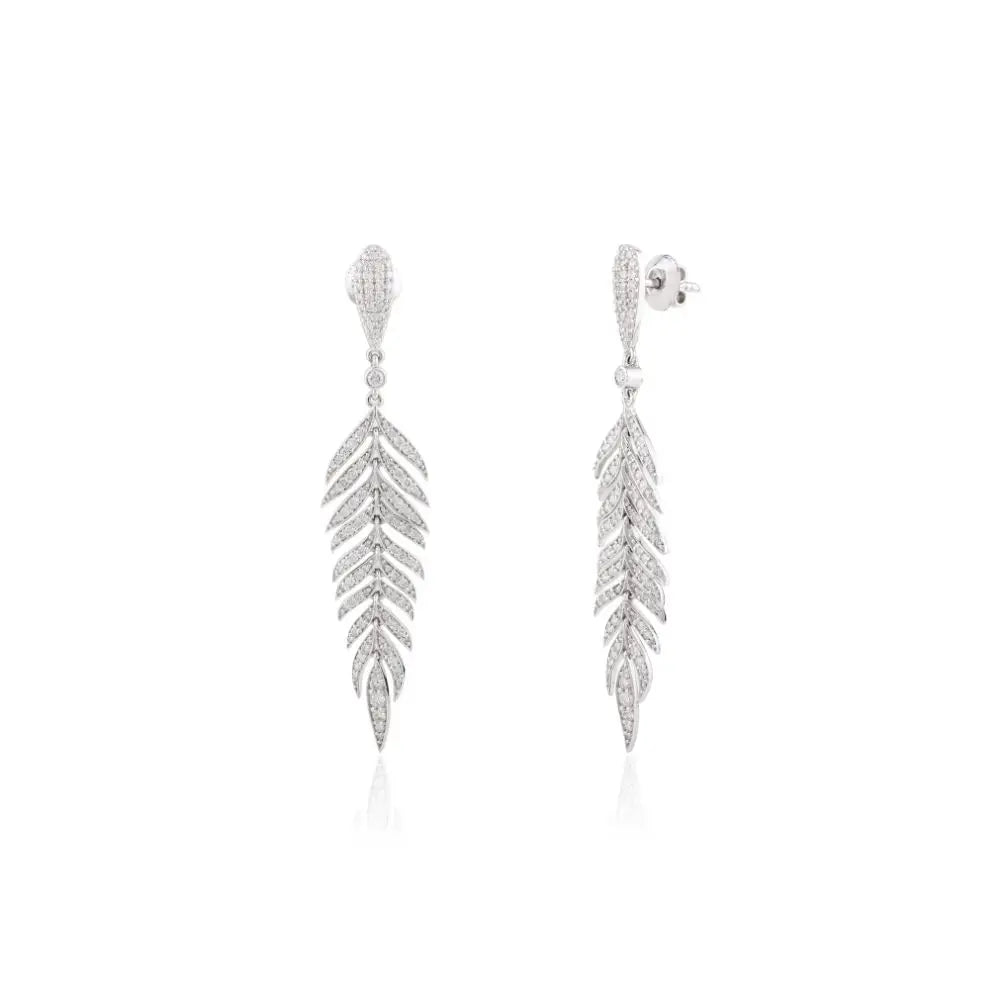 100% Authentic Real Diamond Feather Dangle Drop Earrings 18k White Gold