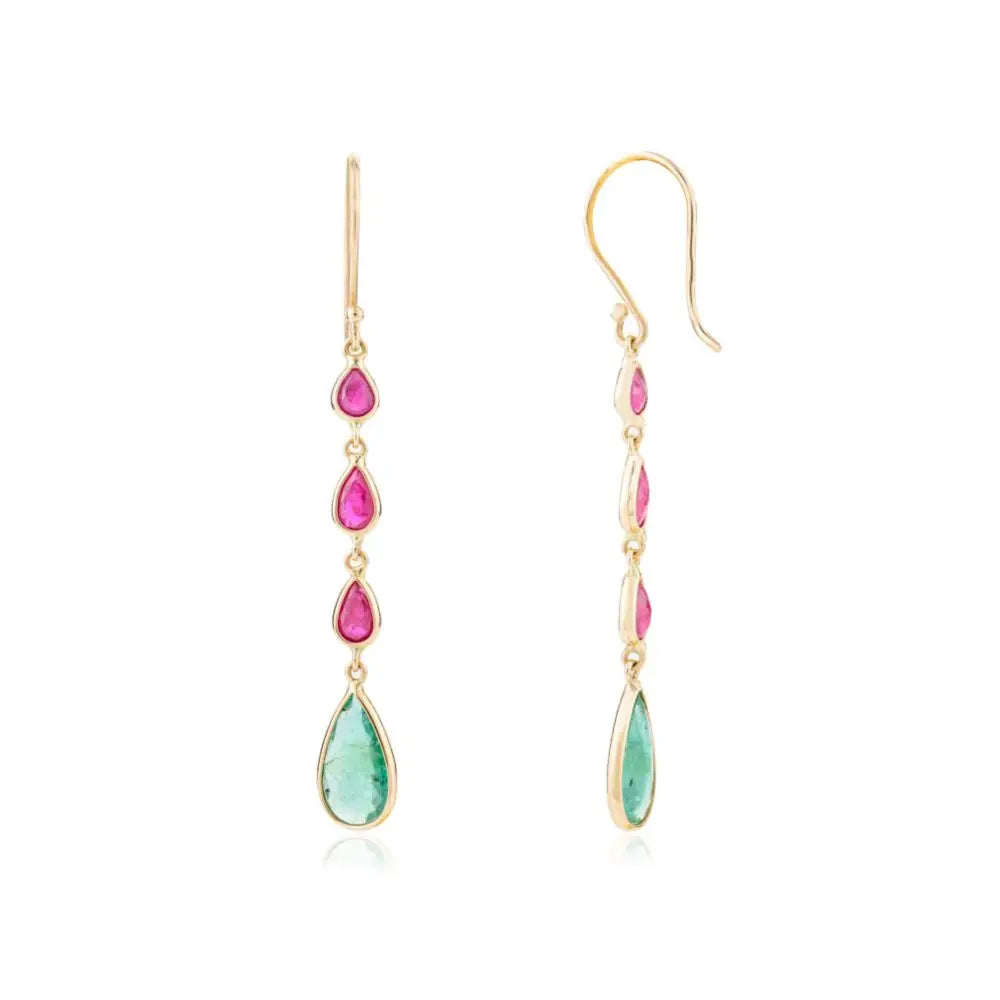 New Design 18k Yellow Gold Ruby & Emerald Long Dangle Drop Earrings