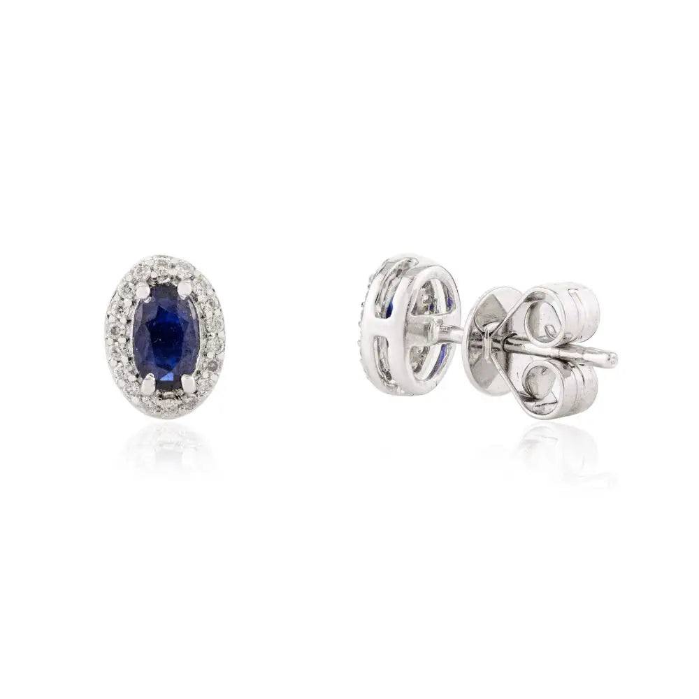 Newly Designed Blue Sapphire & Diamond Stud Earrings in 18k White Gold