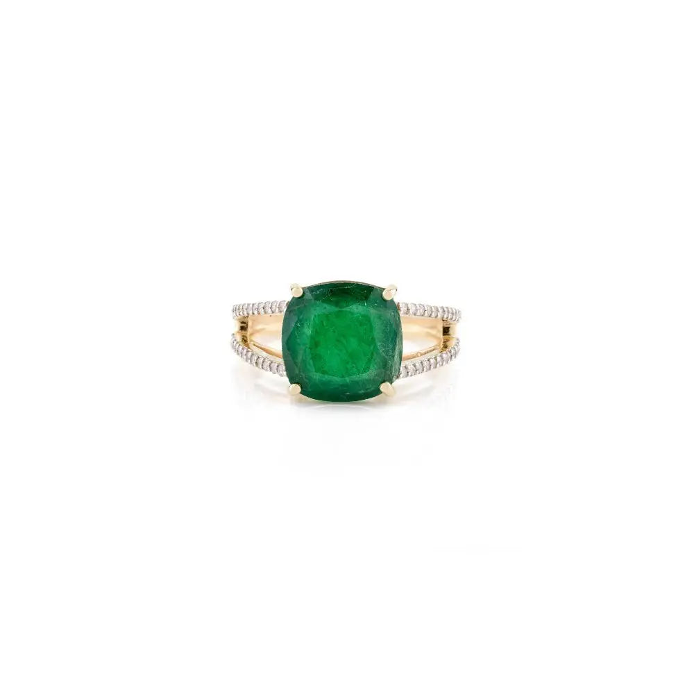 Natural Cushion Cut Natural Emerald & Diamond Engagement Ring